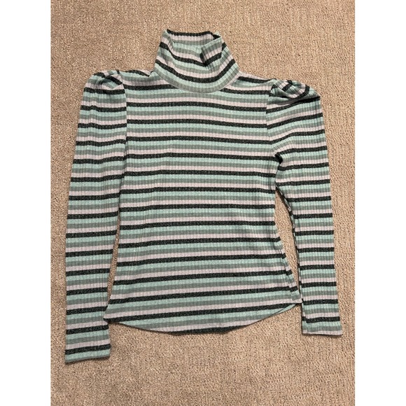 Maeve Anthropologie Striped Turtleneck Puff Sleeve Ribbed Knit Top Large - Picture 2 of 6